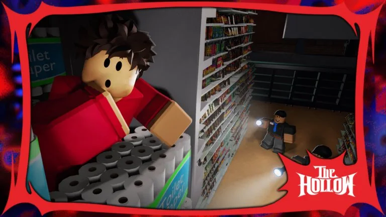Official key art of a red-shirted character hiding behind toilet paper while flashlight-carrying store staff search a dark aisle, framed for The Hollow.
